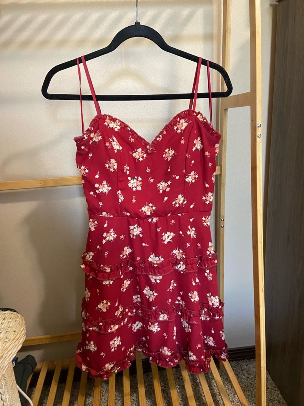 Francesca’s Blue Rain Red Floral Mini Dress with Ruffle Details